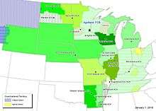 A map highlighting, in various colors and patterns, most of the states of Arkansas, Illinois, Indiana, Iowa, Michigan, Minnesota, Missouri, Nebraska, North Dakota, South Dakota, Tennessee, Wisconsin, Wyoming, Kentucky, and Ohio.