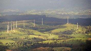 Aerial view of the Ambewela Aitken Spence Wind Farm, as seen from approximately 10 km away from Horton Plains National Park.