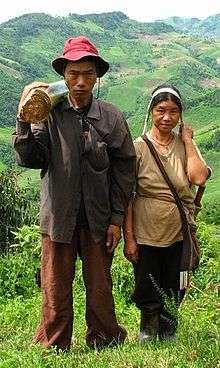 man and woman in northern Thailand – husband carries stem of banana-plant, which will be fed to their pigs
