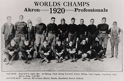 A group of 18 men, 11 standing in back and seven sitting in front. Above the men, centered in the middle of the poster, is text that says "Worlds Champs". Under that is the phrase "Akron Professionals" – the year 1920 is placed between "Akron" and "Professionals".
