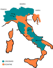 A map of Italy divided in orange and green colors, with a green blot for "Longobard" an orange one for "Byzantine"