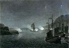 Alceste sails up the Bocca Tigris, engaging shore batteries on either side. In the foreground, Chinese war-junks wait