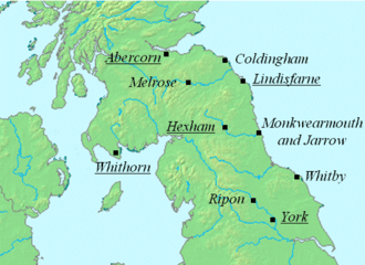 Map of Northumbria, showing the bishopric of Whithorn on the west coast, Abercorn on the north coast, Lindisfarn on the northeast coast and york in the south. The bishopric of Hexham is in the center. The abbey of Ripon is between York and Hexham and Whitby is on the coast south of Lindisfarne.