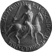 Greyscale photograph of the seal of Alexander II, King of Scotland.