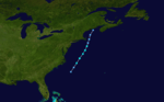 Map of a track through the northeastern Atlantic Ocean. The east coast of the United States is shown along the left side of the image as well as part of eastern Canada