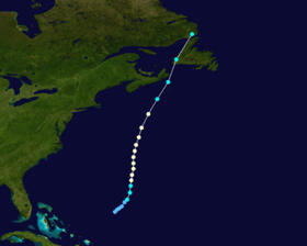 Map of a track through the northeastern Atlantic Ocean. The east coast of the United States is shown along the left side of the image. Part of Cuba is visible in the bottom right and eastern Canada is at the top right.