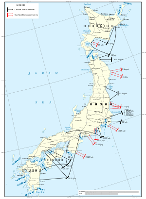 Color map of the Japanese home islands marked with the locations and dates of the air raids and bombardments described in this article.