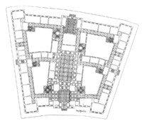 Ground floor plan, showing courtyards and irregular trapezoidal shape