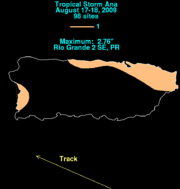 Map of rainfall in Puerto Rico. Only the eastern and western edges of the island have rainfall, denoted by areas colored in tan.