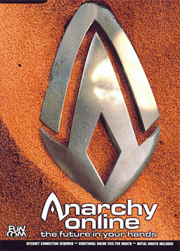 Two complementary metal forms are shown partially buried in red sand. Below them is a text: "Anarchy Online: The Future In Your Hands".