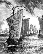 Black and white illustration of Viking king, looking out from his warship, at the head of his fleet.
