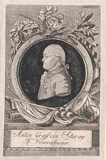 Sepia-toned print shows a man with a bulldog profile. He wears a late 18th century wig and a white military uniform.
