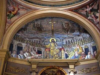 The curved surface of the roof of an apse is decorated with the scene of Christ in Majesty. He is robed in gold, seated on a throne in front of a depiction of the Holy City. The apostles look up at him, while Saint Pudenziana and her sister Prasede stand to either side carrying laurel wreaths. In the sky are shown the Four Holy Beasts, symbols of the Gospel writers.