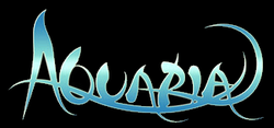 The word AQUARIA, written in a curved, flowing font is overlaid on a black background. The word itself fades vertically from blue to white and back to blue.
