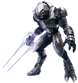 An alien warrior in a hunched position. Its feet end with two prominent claws, while its mouth is split into four parts lined with teeth. The alien is covered in shiny metal plates that overlap. In his hand he carries a glowing dual-tipped blade.