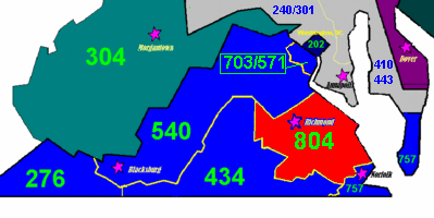 The area colored red indicates the geographical region of Virginia served by area code 804
