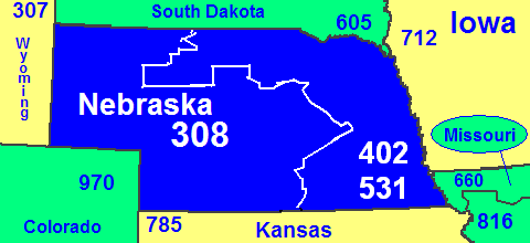 Map of Nebraska area codes in blue (with border states)