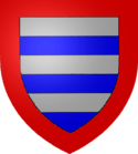 Alternating gray-and-blue horizontal-bar shield on red background