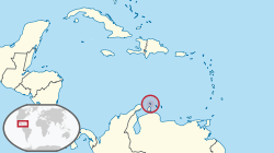 Location of  Aruba  (circled in red)in the Caribbean  (light yellow)
