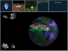 An image of a planet with an overlay grid of colored squares. Beside the planet sit cartoons representing orbital structures.