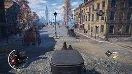 The player character riding a horse and carriage on a road, with NPCs around. Big Ben can be seen in the background.