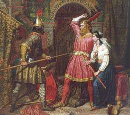 A painting with two men and a woman, in which one man pointing a spear against the other one who is holding a stooge, with the women is holding a sword