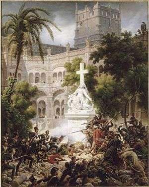 Painting of a battle scene with French troops at left being resisted by Spaniards at right. In the center is a religious monument.