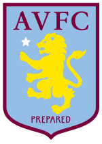 A crest with a claret border, light blue background and yellow lion rampant facing to the left with a small star slightly above an outstretched leg. AVFC is atop the lion.