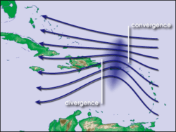 Map of Caribbean showing seven approximately parallel westward-pointing arrows that extend from east of the Virgin Islands to Cuba. The southern arrows bend northward just east of the Dominican Republic before straightening out again.