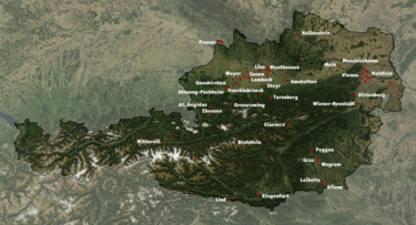 Satellite map of modern Austria, with location of some of the subcamps marked with red dots.