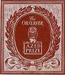 A laurel wreath around an oval plaque. The plaque shows an owl sitting on a book and the words 'The Observer AZED PRIZE'. The wreath is tied at the base with a ribbon bow with the two ends spread out sideways.