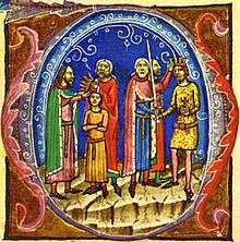 A bearded elderly man seizes a crown from the head of a child and a bearded elderly man wearing a gilded cloth is crowned king by the same crown