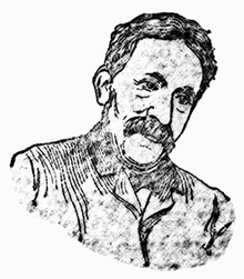 Head and shoulders sketch of a middle-aged man, more or less full face, head tilted to the right; with a substantial moustache but no beard; wearing a jacket.