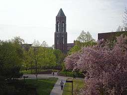 Bell tower and scenic university campus