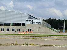 The outside of the arena bearing the title "Ballerup Super Arena"