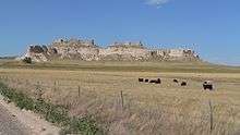 Cliffs and pinnacles in distance; grassland with cattle in foreground