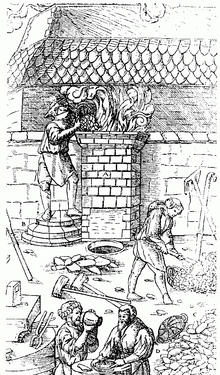 A sketch of four men working in an open air workshop; one is putting objects into a chimney-like object in the middle of the picture, from which smoke is emerging. Behind them is the front of another building with a tiled roof.