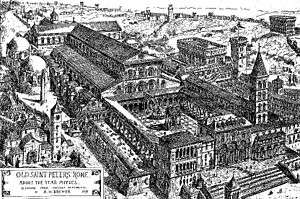 A black and white engraving of a bird's-eye view of a very large cruciform church. There is a large enclosed forecourt which is fronted by buildings of different dates and styles. There is a tall bell tower and many surrounding structures. A label to the bottom left of the image gives the artist's name and original caption.