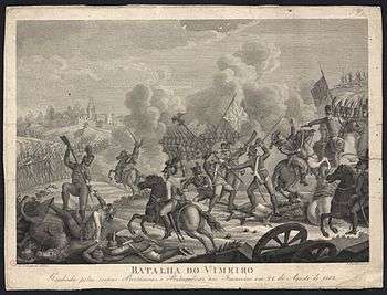 Sepia print of "Batalha do Vimeiro" shows a battle scene with a British flag in the center.