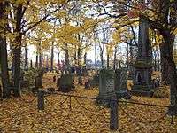 A general view of the Batavia Cemetery featuring a family plot surrounded by a decorative iron fence. The plot features a large obelisk grave marker. It is autumn, and the ground is covered with yellow fallen leaves.