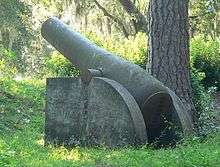 Large cannon under trees hung with Spanish moss