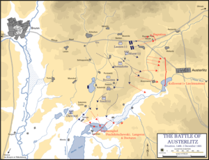 Map showing the French advance in blue lines and the defeated Allied armies in red lines, moving away (to the east) from the battlefield.