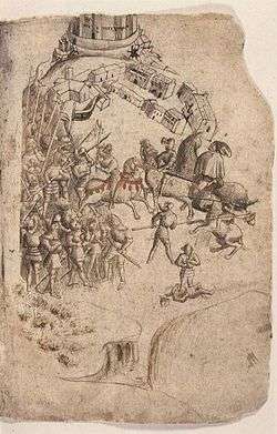 A torn manuscript page with a medieval line-drawing of a battle.