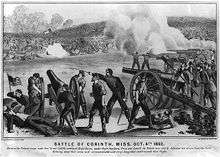 Engraving of Union artillery in combat at the Second Battle of Corinth. The Confederate front line is in the background.