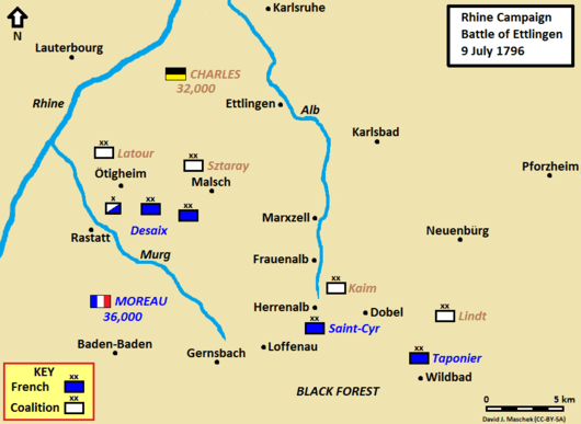 Map shows the Battle of Ettlingen (or Malsch) which was fought on 9 July 1796 during the War of the First Coalition.
