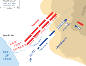 A military diagram. A river runs through the lower-left diagonal. On one side are the Persians, with the Orientals and Greek mercenaries, and on the other are the Macedonians, with Alexander and Parmenion. The gradient of the nearby mountains generally decreases from the top right, till the shores of the gulf in the bottom left.