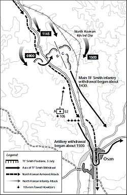Map of a group of U.S. positions on two hills north of a town, with movements of large Chinese forces moving south and enveloping them