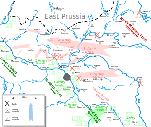 Map showing Central Poland and southern part of East Prussia, with arrows showing main Russian and Polish attacks