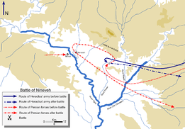 Both Heraclius and the Persians approached from the east of the ruins of the ancient Assyrian Empire capital of Nineveh in Assuristan (Assyria) province. Persian reinforcements were near Mosul. After the battle, Heraclius went back east while the Persians looped back to Nineveh itself before following Heraclius again.