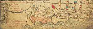 Old parchment showing medieval ships fighting at the battle